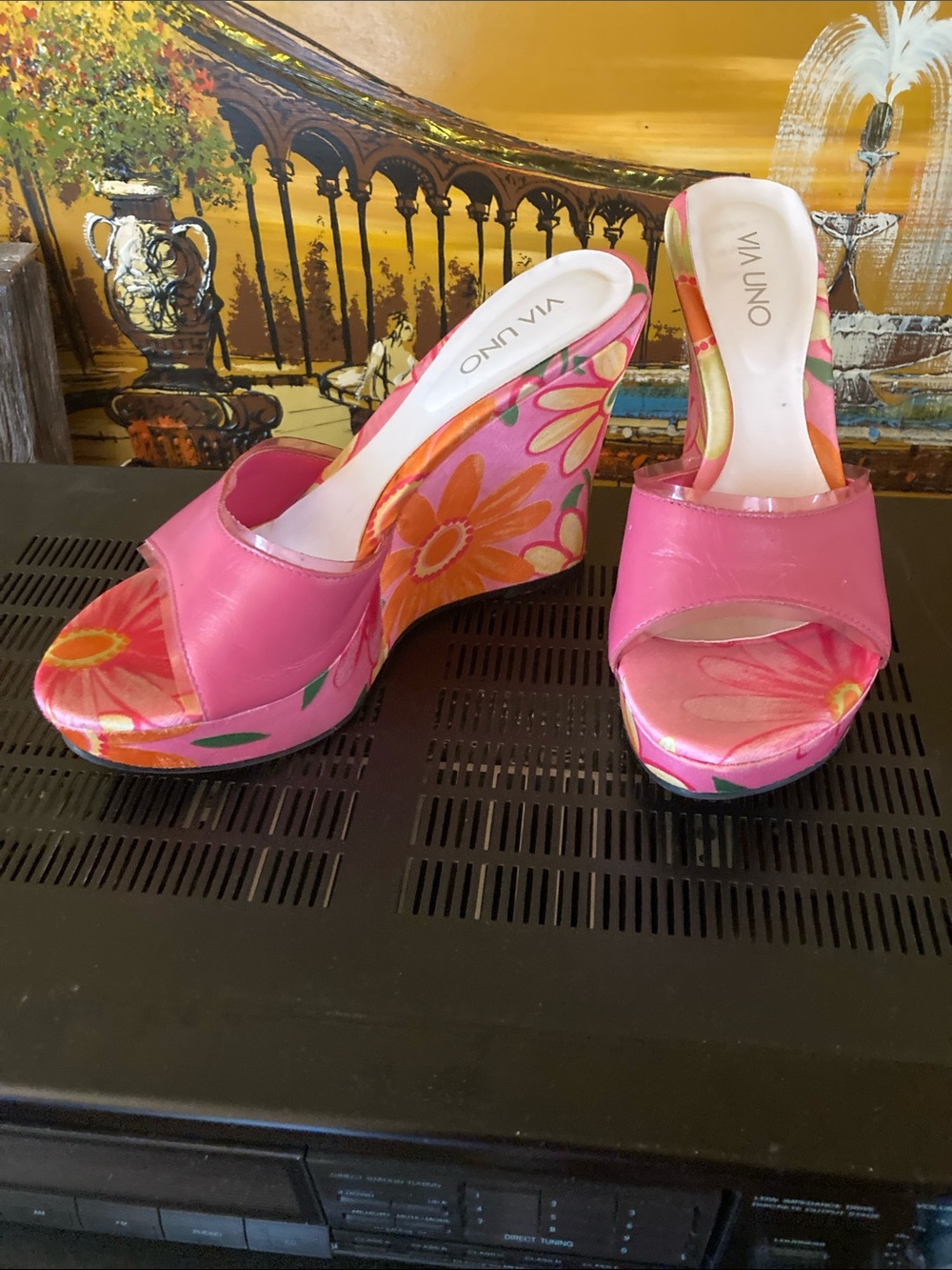 Vintage Y2K Barbie pink leather and satin via uno platform wedges